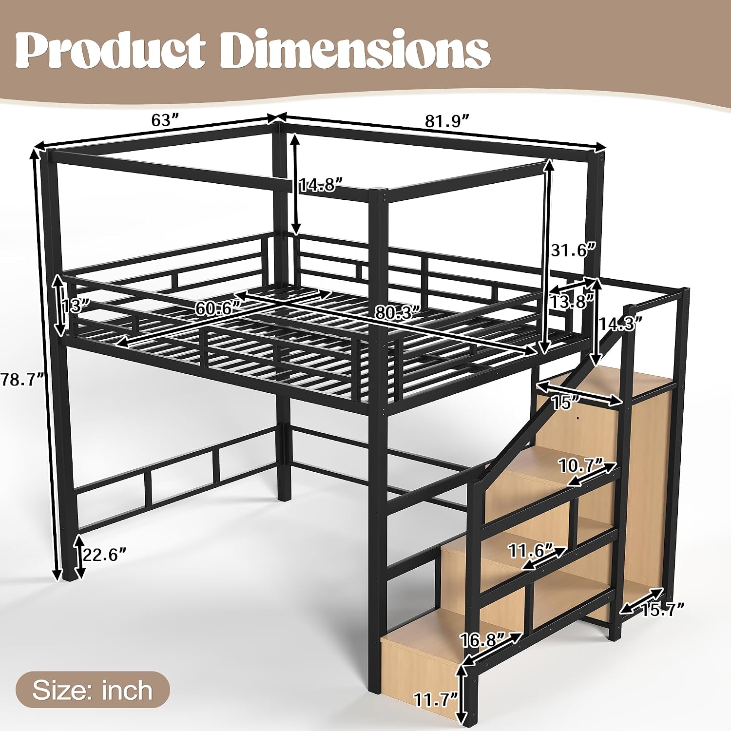 Canopy Bed Frame Metal Queen - Cama alta tipo queen com escadas