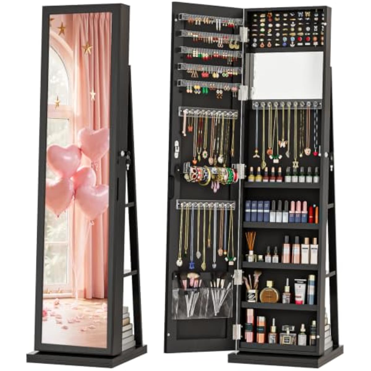 Full Length Mirror Jewelry Armoire - Elegante Armário de Joias Preto com