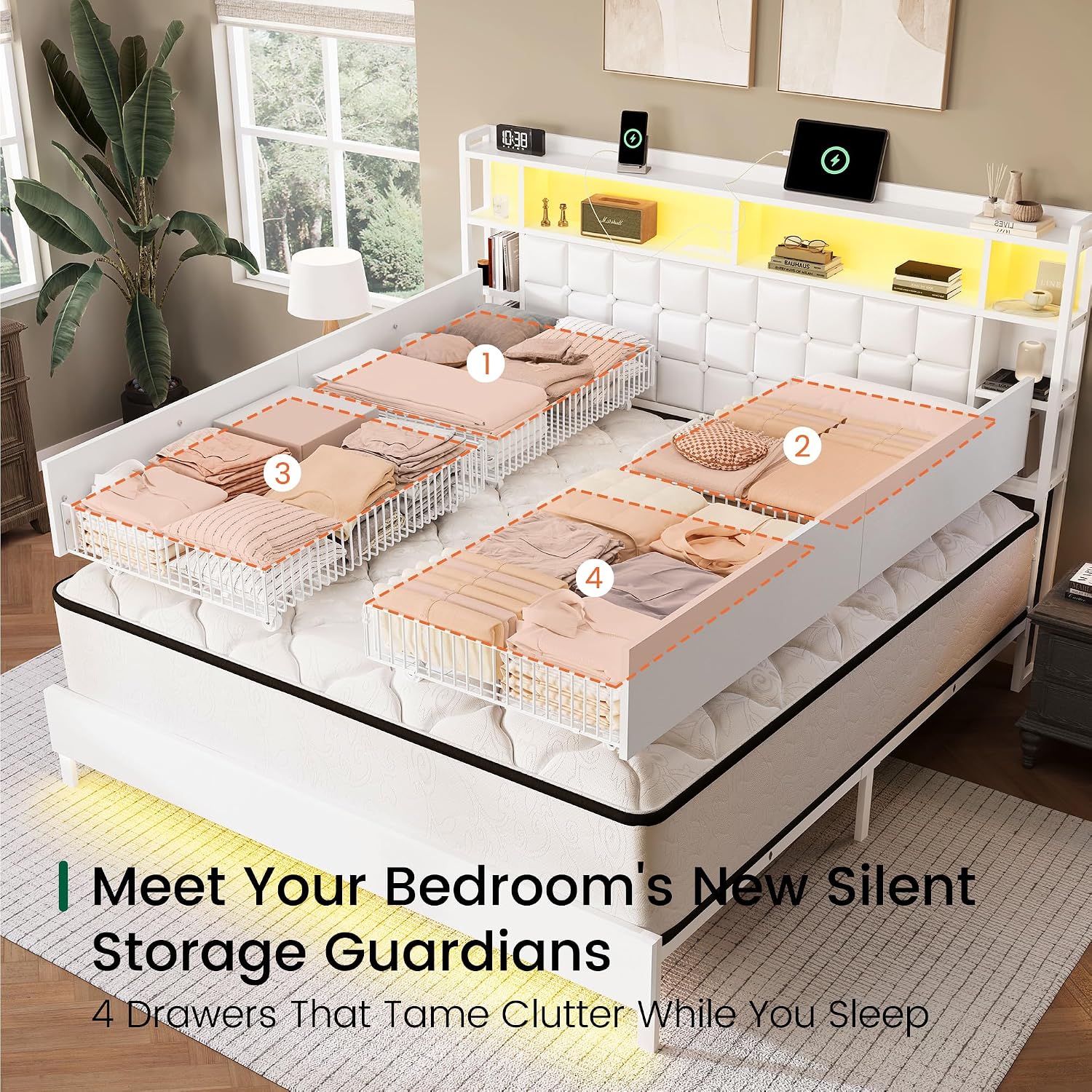 Estrutura de cama de madeira t - King Size Bed Frame With Storage Drawers avaliação e preço