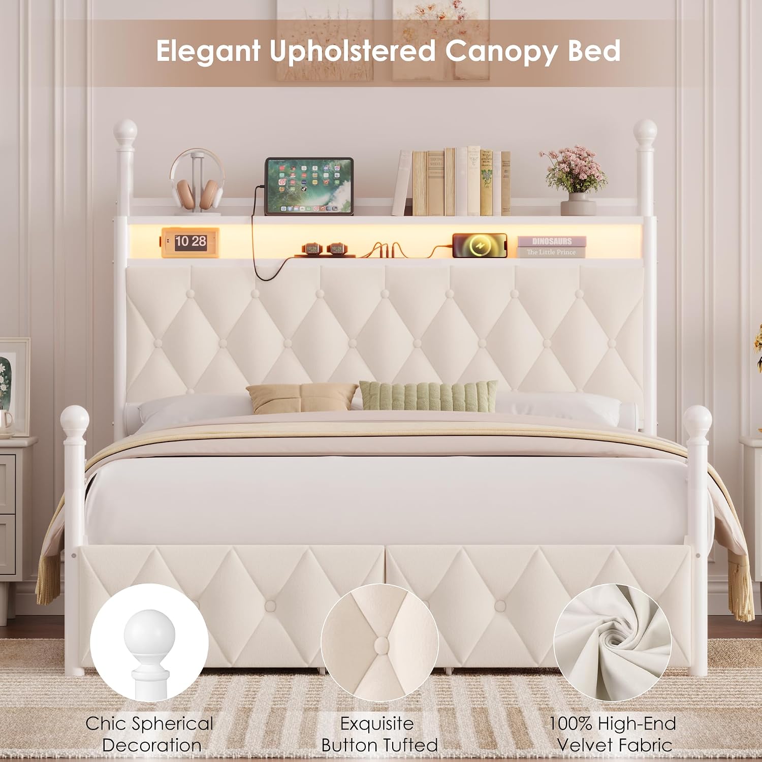 Cama com Dossel LED Tamanho Qu - Canopy Bed Frame Metal Queen avaliação e preço