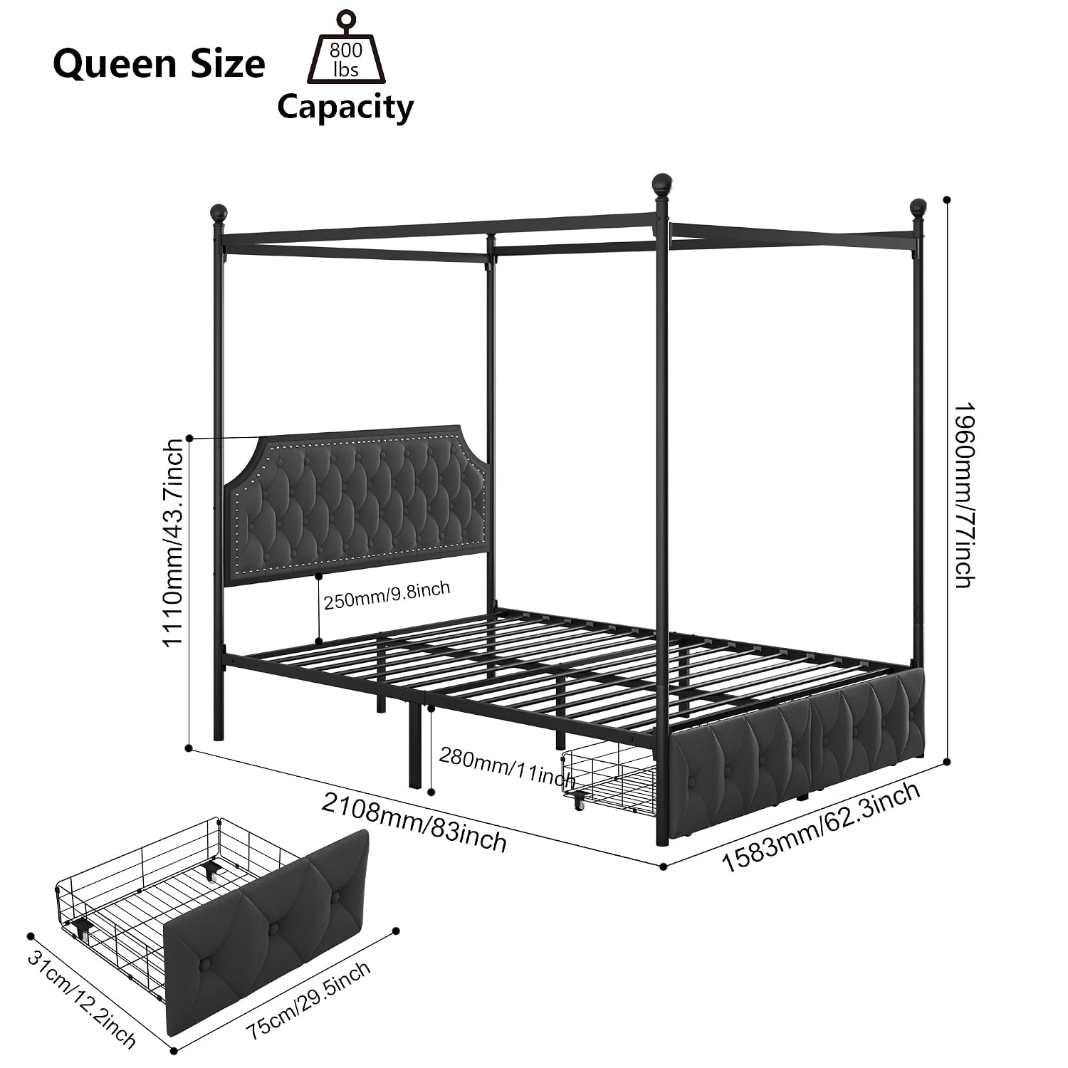 Estrutura de cama com dossel e - Canopy Bed Frame Metal Queen avaliação e preço